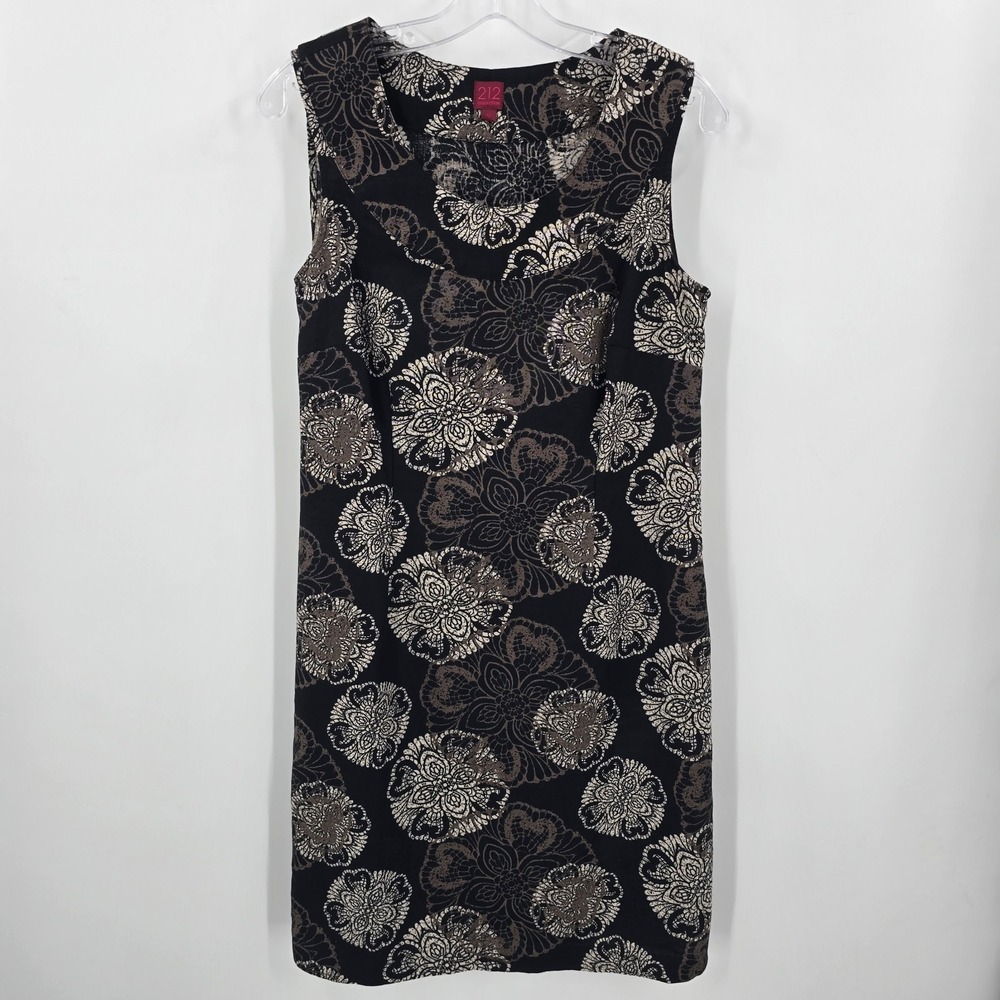 212 Collection Dress Womens 10 Black Brown Print Sleeveless Knee Length Linen